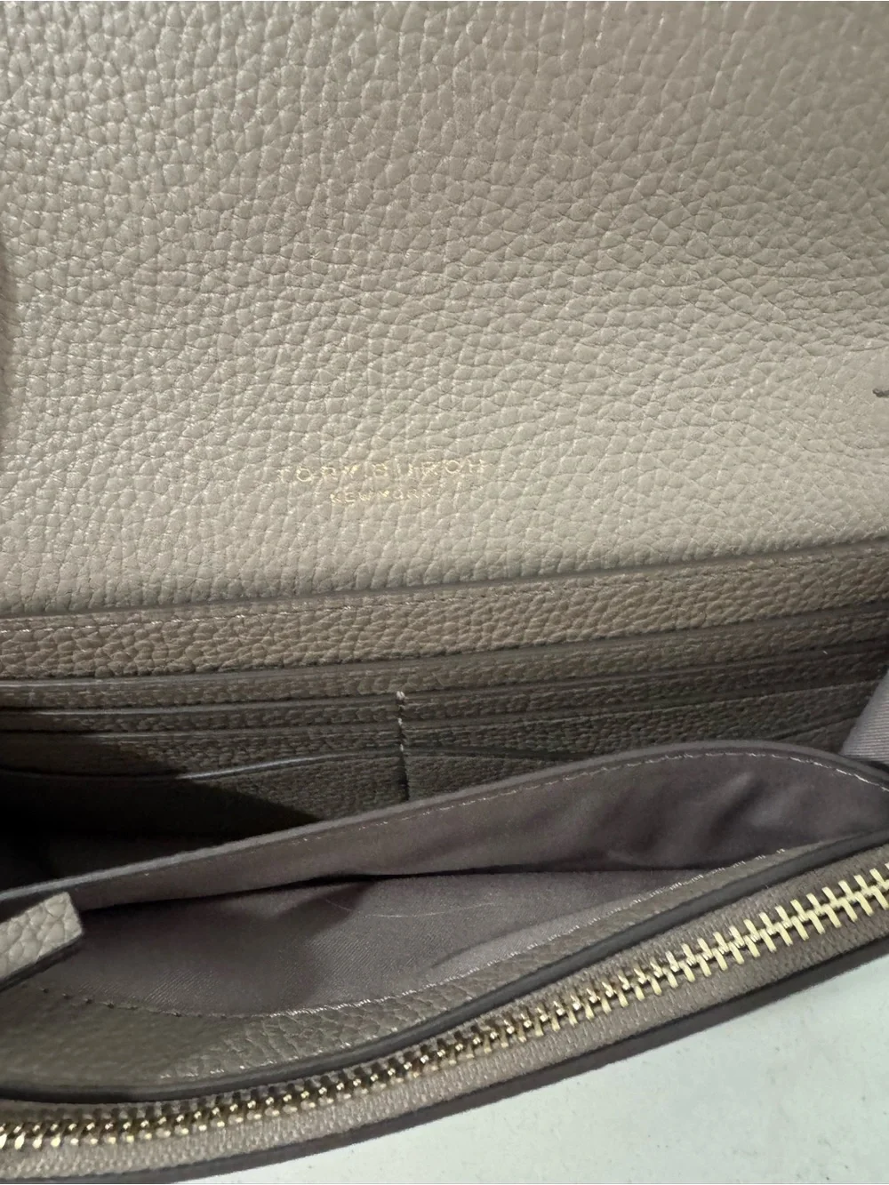Tory Burch Taupe Pebbled Leather Crossbody Wallet with strap and card holder